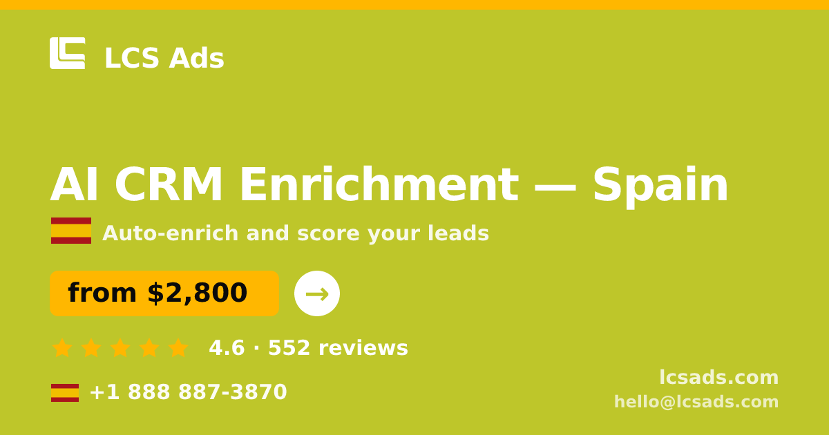 AI CRM Enrichment in Spain — from $2,800/mo, rated 4.6/5 by 552 clients. LCS Ads.