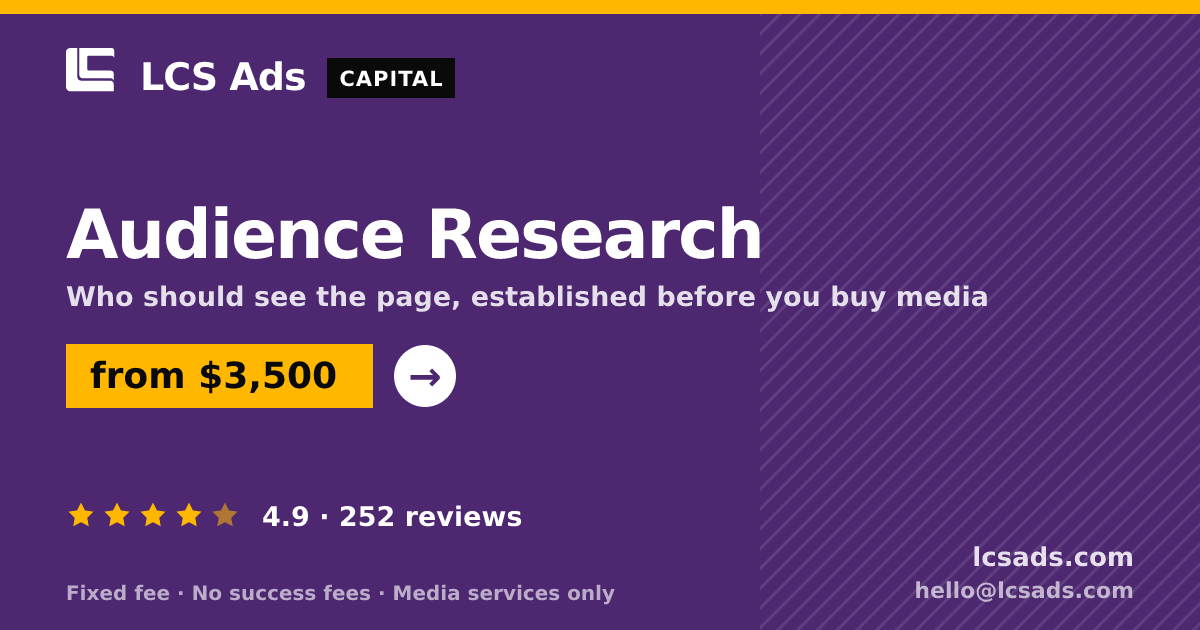Audience Research — from $3,500, rated 4.9/5 across 252 reviews. LCS Ads.