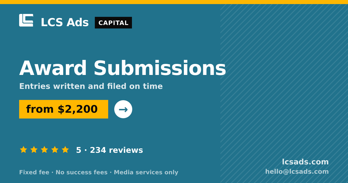 Award Submissions — from $2,200, rated 5/5 across 234 reviews. LCS Ads.