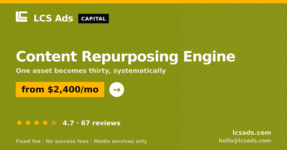 Content Repurposing Engine — from $2,400/mo, rated 4.7/5 across 67 reviews. LCS Ads.