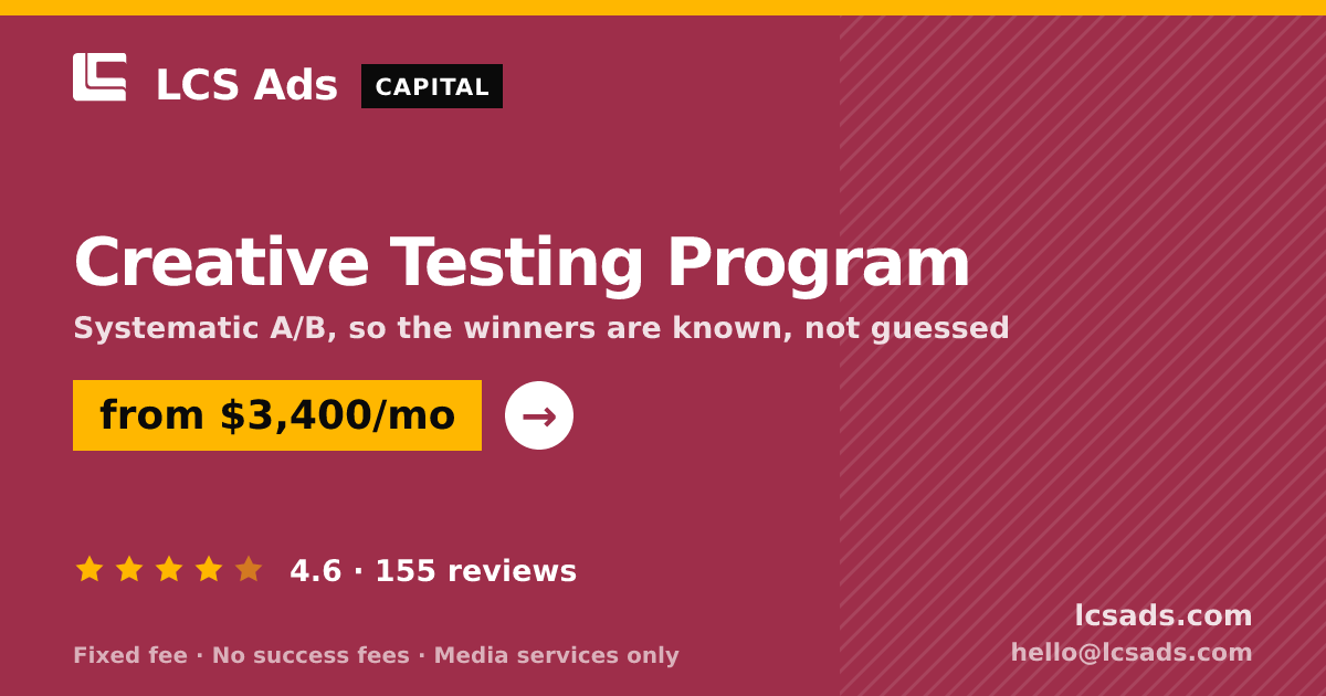 Creative Testing Program — from $3,400/mo, rated 4.6/5 across 155 reviews. LCS Ads.
