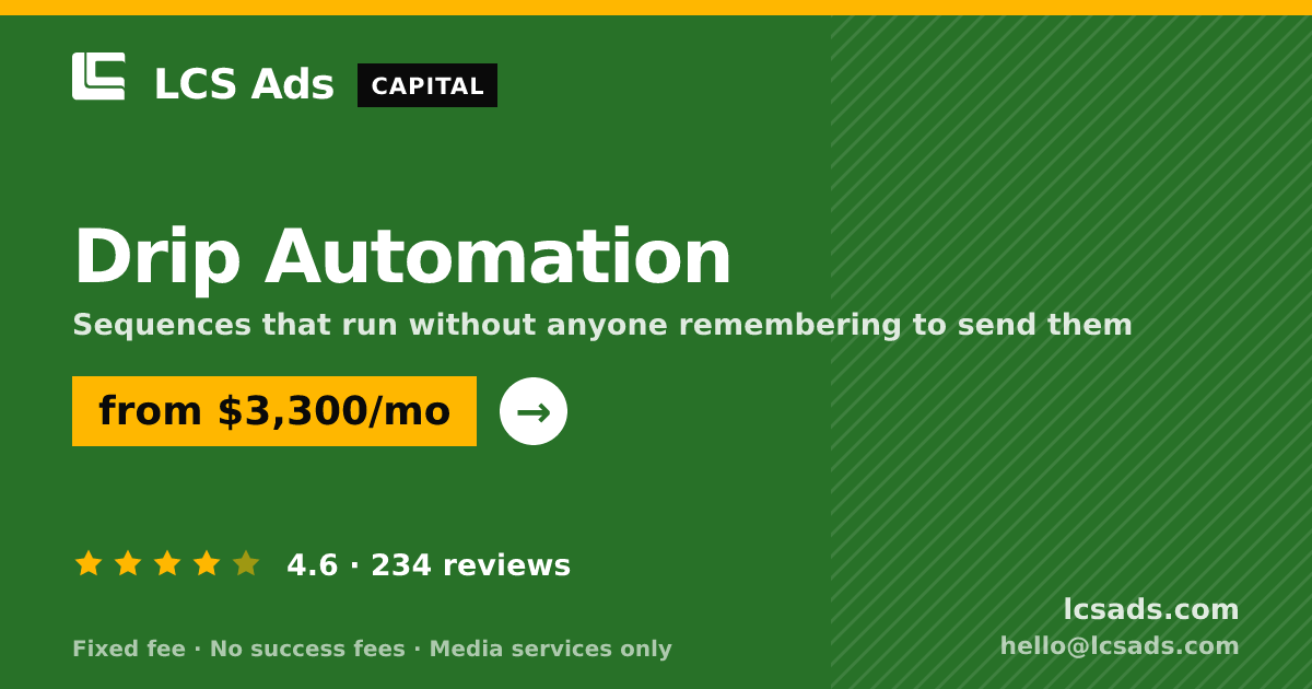 Drip Automation — from $3,300/mo, rated 4.6/5 across 234 reviews. LCS Ads.