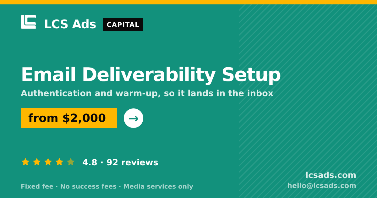 Email Deliverability Setup — from $2,000, rated 4.8/5 across 92 reviews. LCS Ads.
