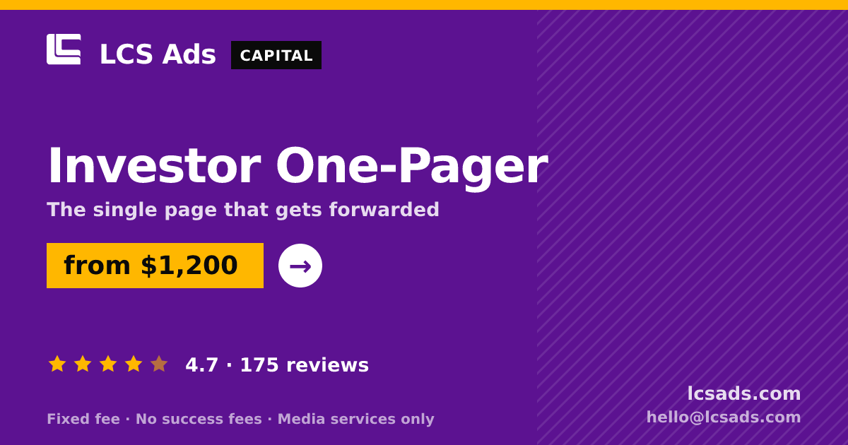 Investor One-Pager — from $1,200, rated 4.7/5 across 175 reviews. LCS Ads.