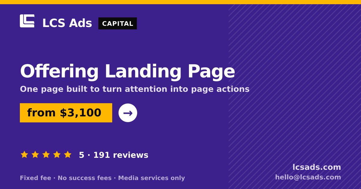 Offering Landing Page — from $3,100, rated 5/5 across 191 reviews. LCS Ads.