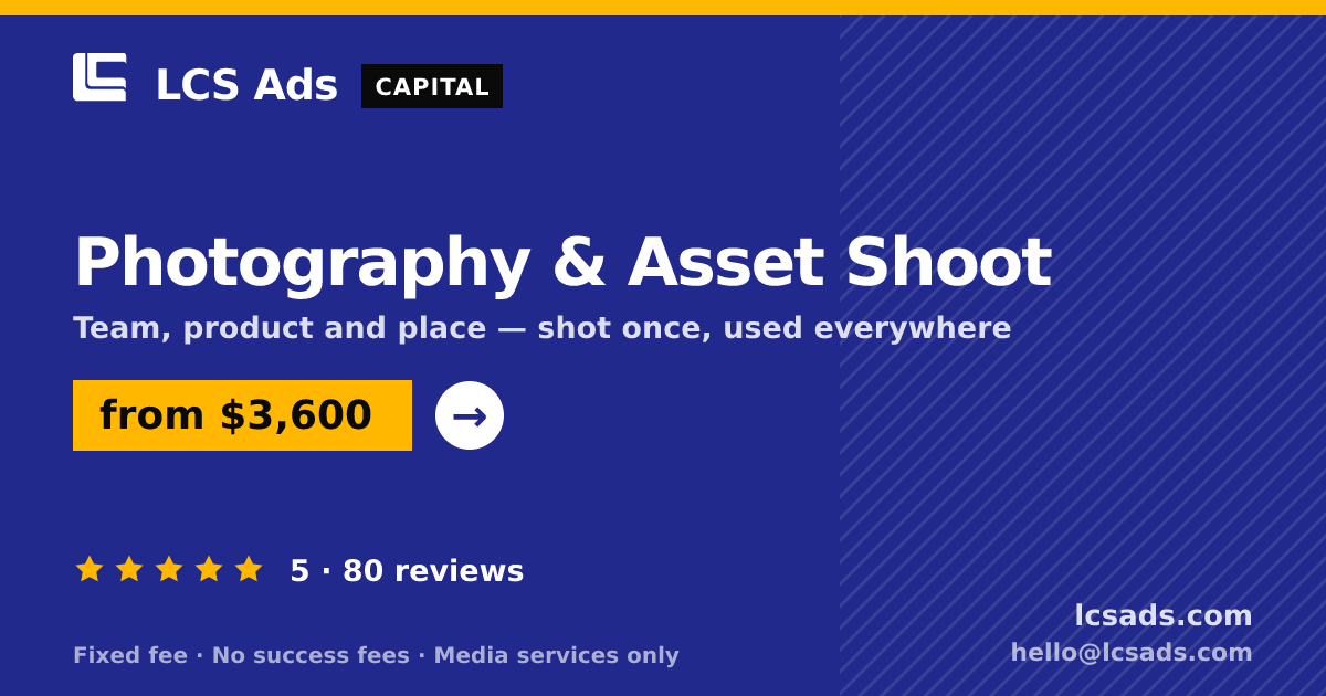Photography & Asset Shoot — from $3,600, rated 5/5 across 80 reviews. LCS Ads.