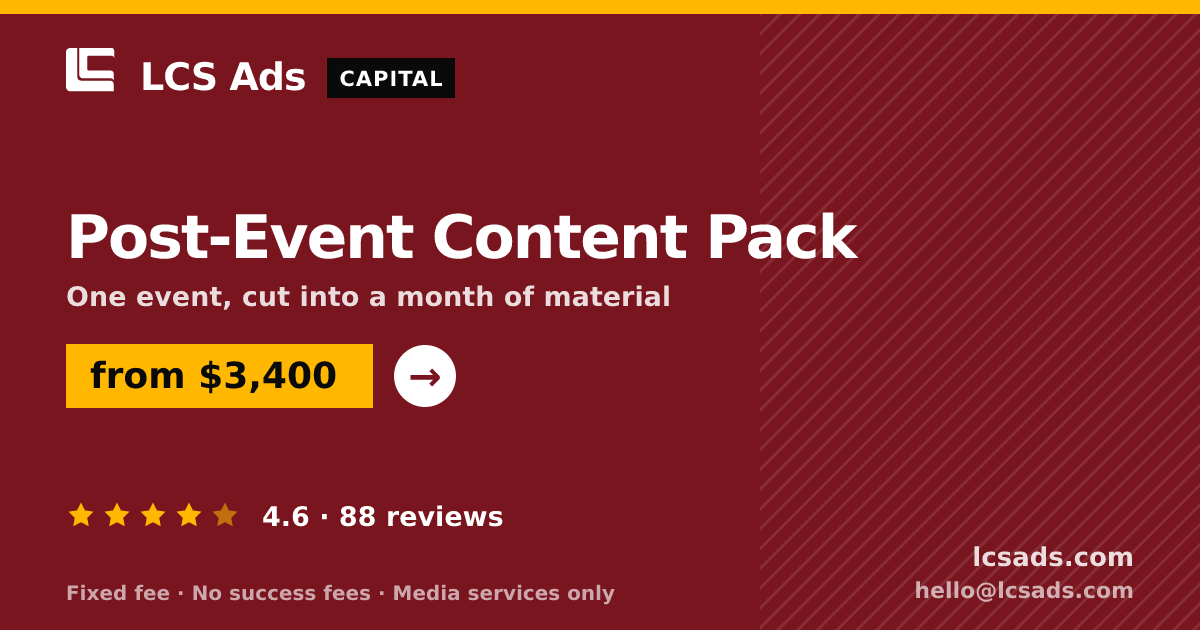 Post-Event Content Pack — from $3,400, rated 4.6/5 across 88 reviews. LCS Ads.