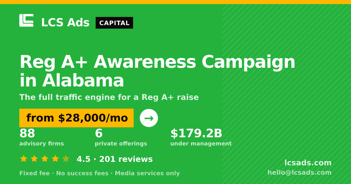 Reg A+ Awareness Campaign in Alabama — from $28,000/mo, rated 4.5/5 across 201 reviews. LCS Ads.