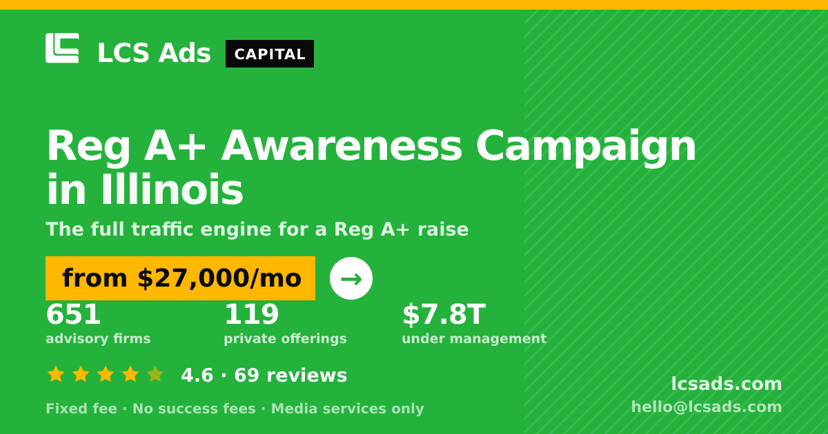 Reg A+ Awareness Campaign in Illinois — from $27,000/mo, rated 4.6/5 across 69 reviews. LCS Ads.