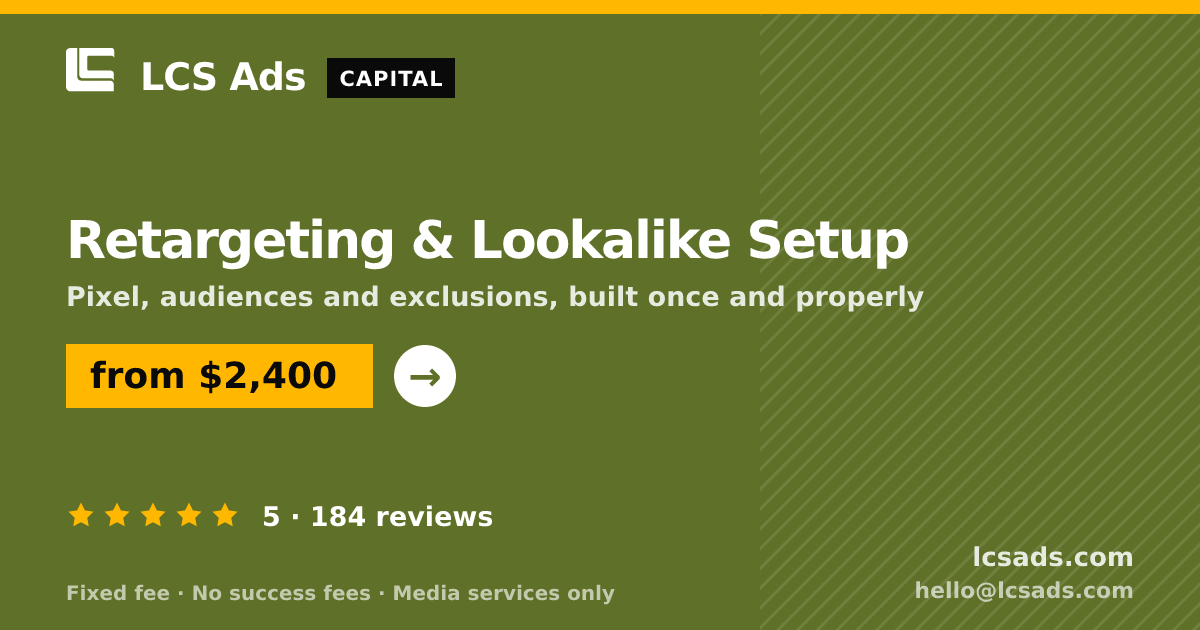 Retargeting & Lookalike Setup — from $2,400, rated 5/5 across 184 reviews. LCS Ads.