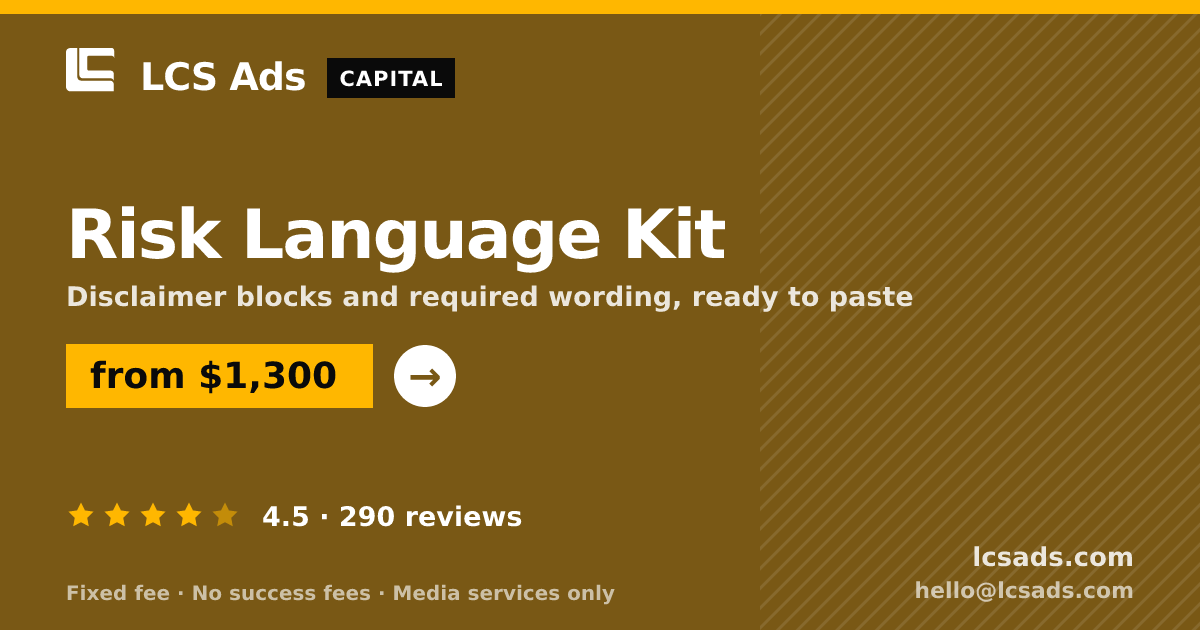 Risk Language Kit — from $1,300, rated 4.5/5 across 290 reviews. LCS Ads.