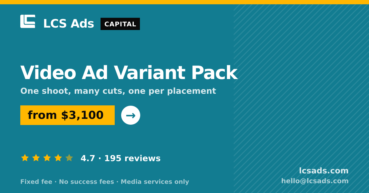 Video Ad Variant Pack — from $3,100, rated 4.7/5 across 195 reviews. LCS Ads.