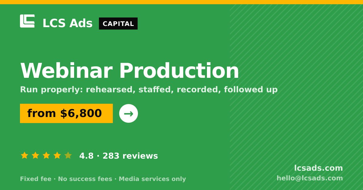 Webinar Production — from $6,800, rated 4.8/5 across 283 reviews. LCS Ads.