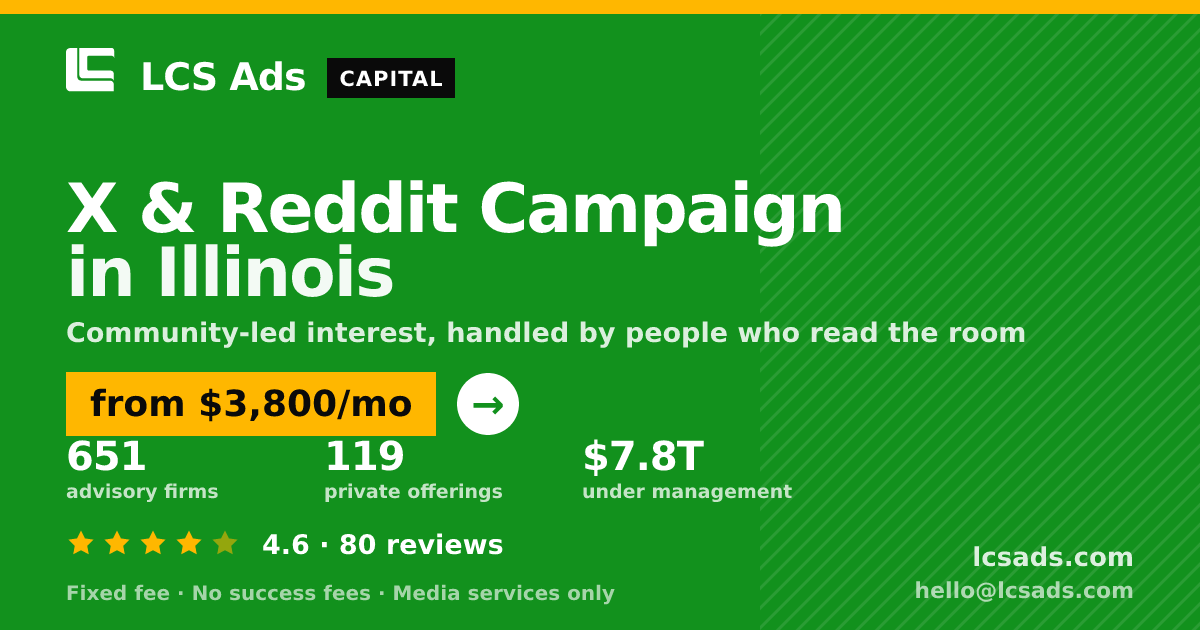 X & Reddit Campaign in Illinois — from $3,800/mo, rated 4.6/5 across 80 reviews. LCS Ads.