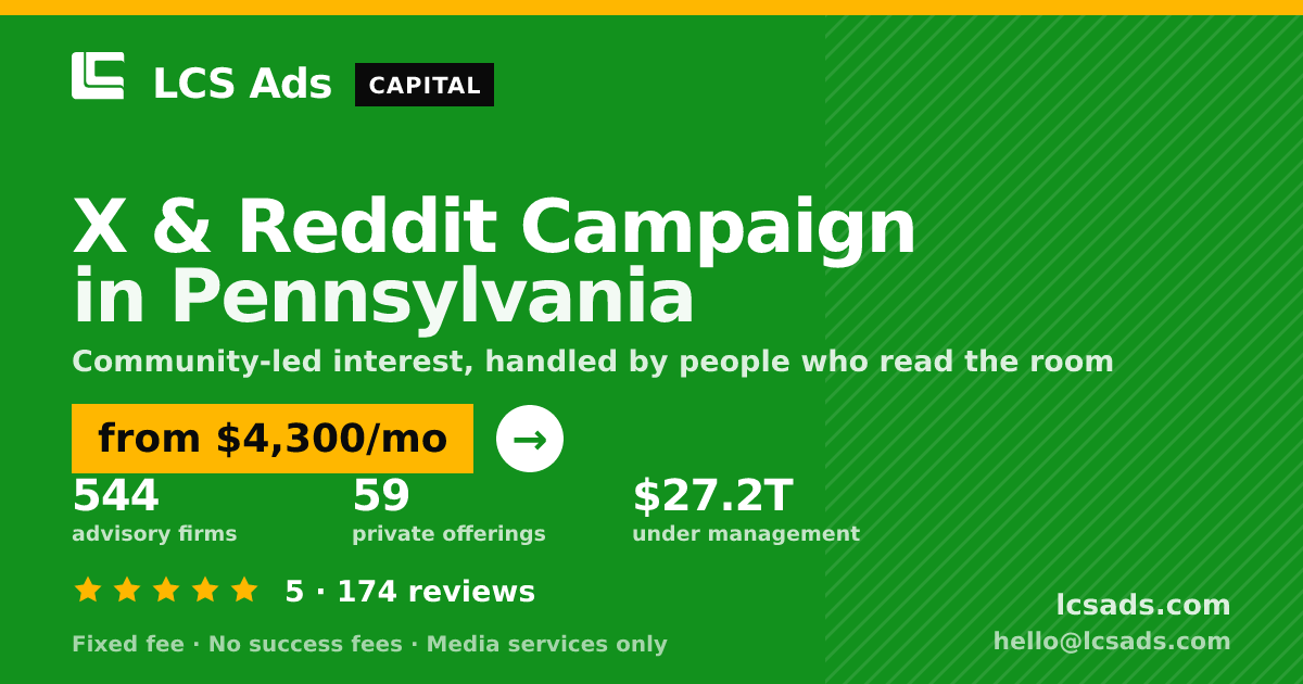 X & Reddit Campaign in Pennsylvania — from $4,300/mo, rated 5/5 across 174 reviews. LCS Ads.