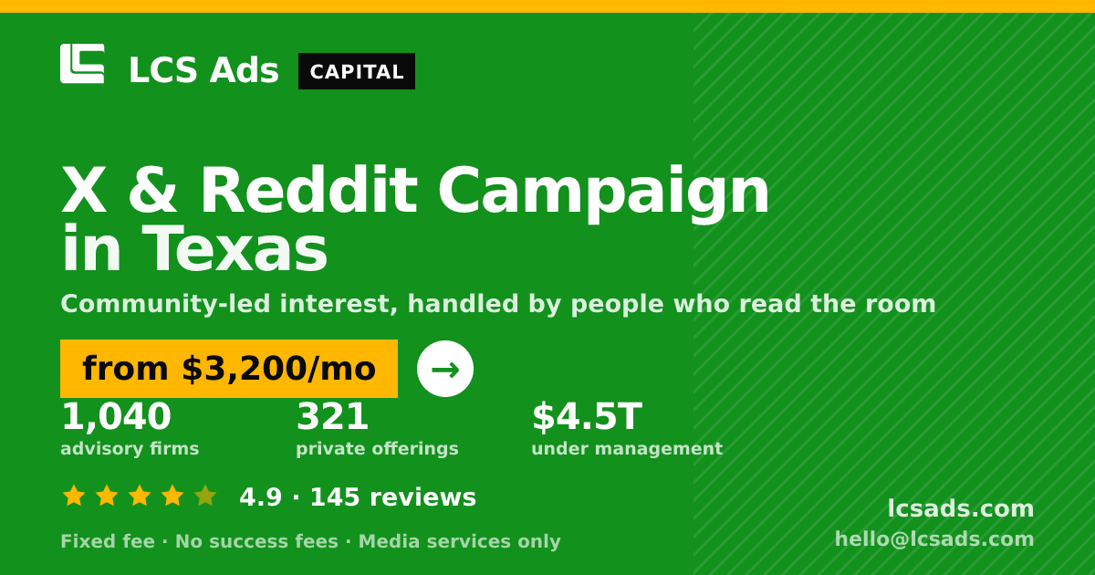 X & Reddit Campaign in Texas — from $3,200/mo, rated 4.9/5 across 145 reviews. LCS Ads.