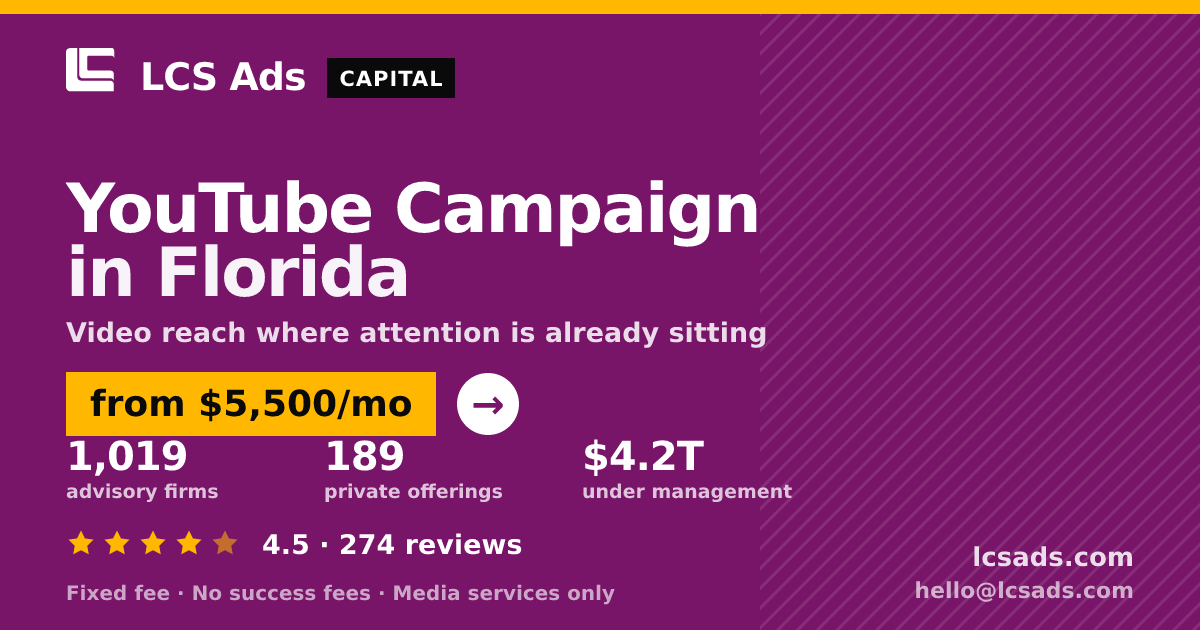 YouTube Campaign in Florida — from $5,500/mo, rated 4.5/5 across 274 reviews. LCS Ads.