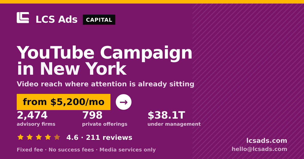 YouTube Campaign in New York — from $5,200/mo, rated 4.6/5 across 211 reviews. LCS Ads.