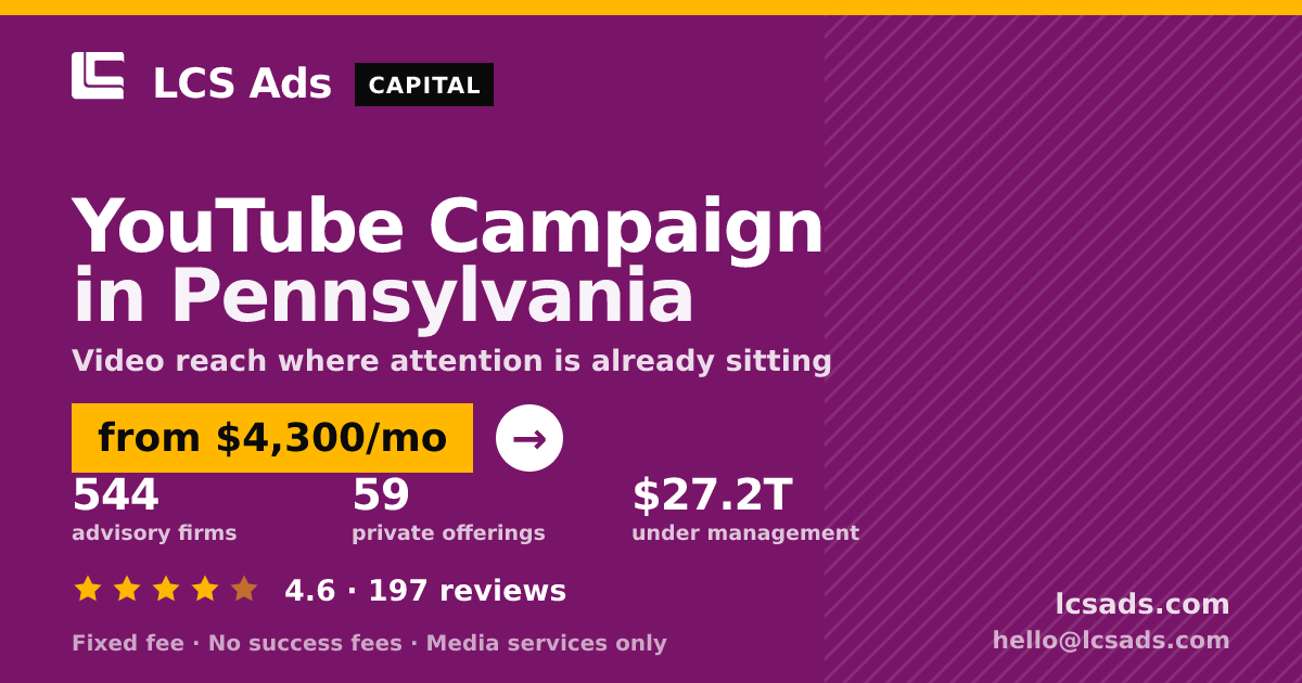 YouTube Campaign in Pennsylvania — from $4,300/mo, rated 4.6/5 across 197 reviews. LCS Ads.