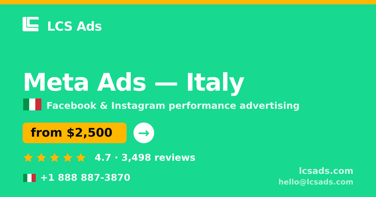 Meta Ads in Italy — from $2,500/mo, rated 4.7/5 by 3498 clients. LCS Ads.