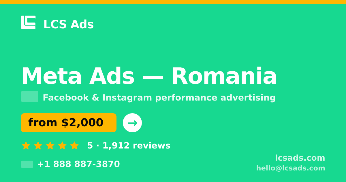 Meta Ads in Romania — from $2,000/mo, rated 5/5 by 1912 clients. LCS Ads.