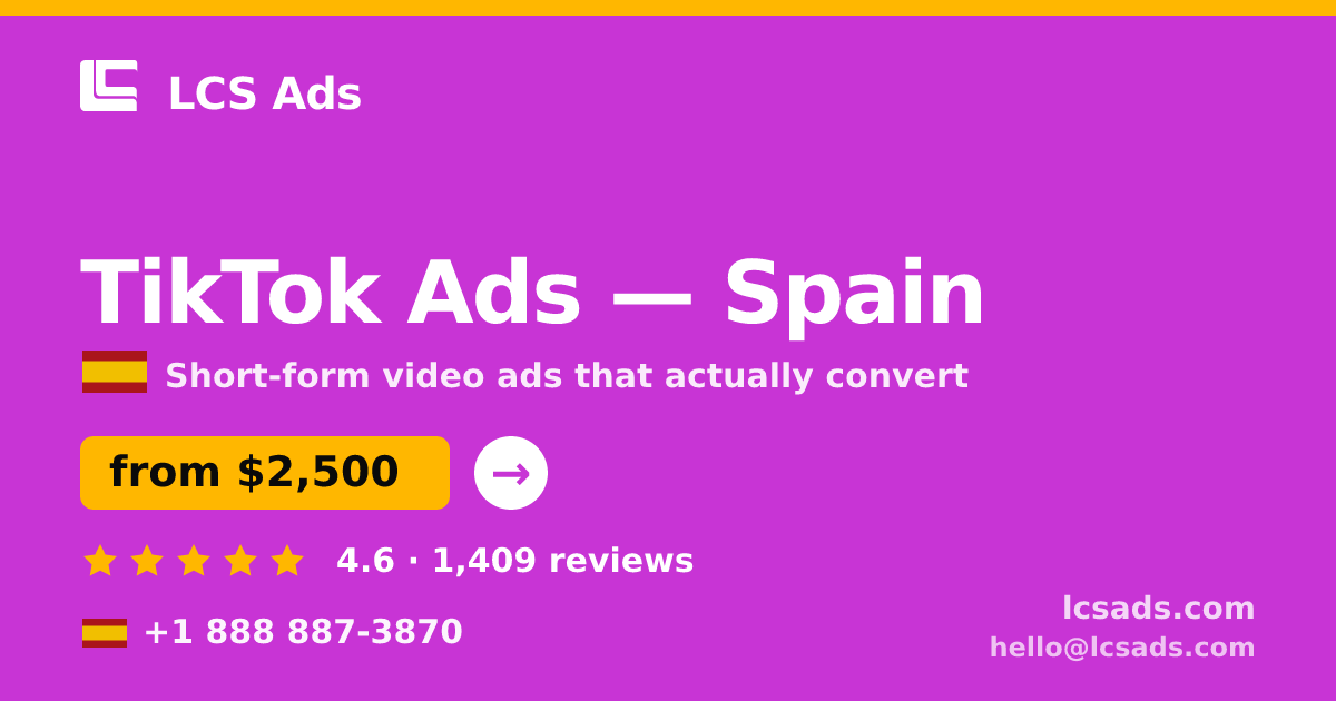 TikTok Ads in Spain — from $2,500/mo, rated 4.6/5 by 1409 clients. LCS Ads.