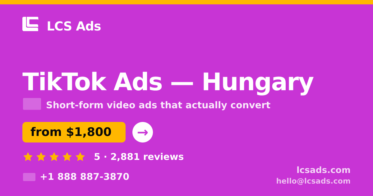 TikTok Ads in Hungary — from $1,800/mo, rated 5/5 by 2881 clients. LCS Ads.